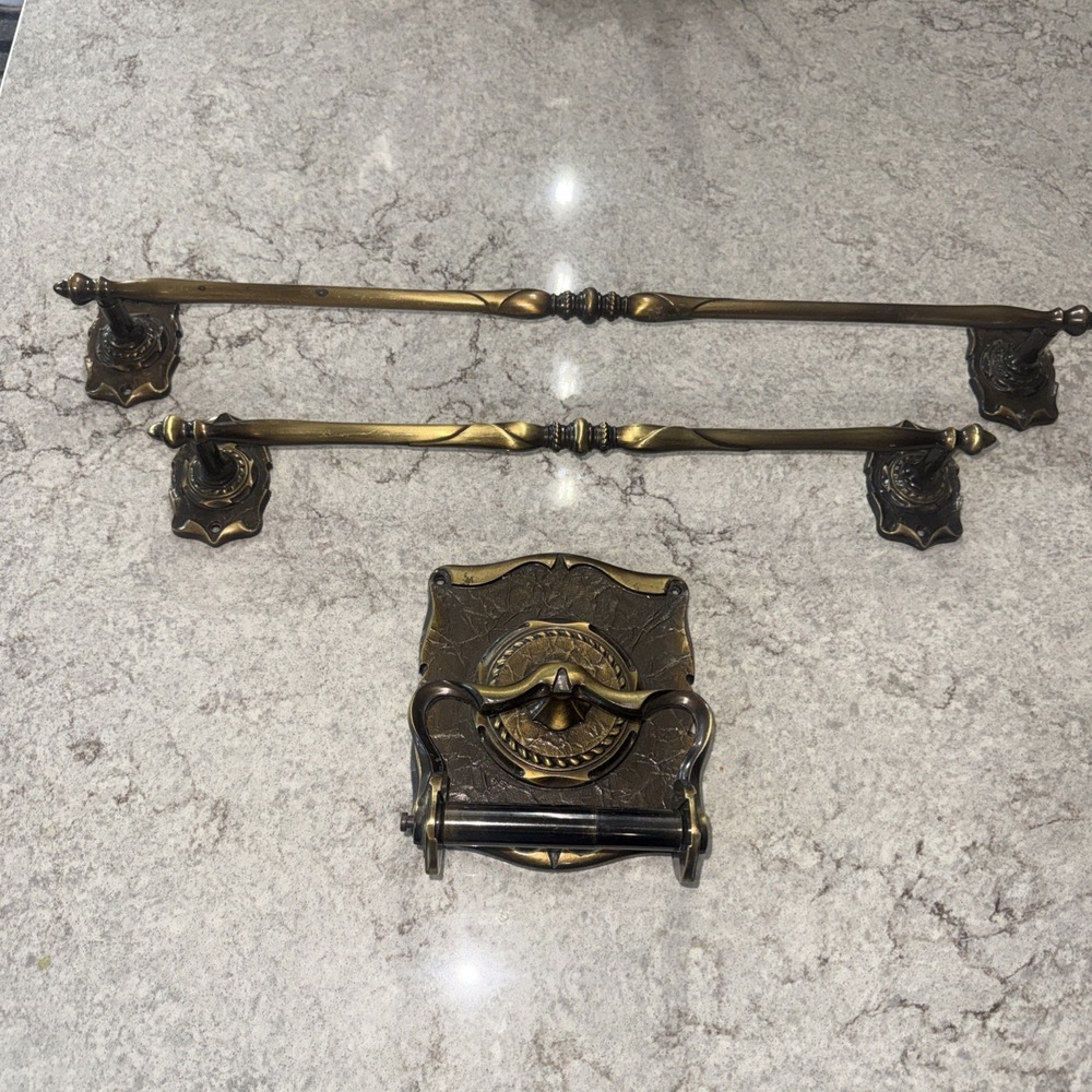 Vintage Brass Towel Bars Toilet Paper Holder Set of 3 Wall Mounted No Screws
